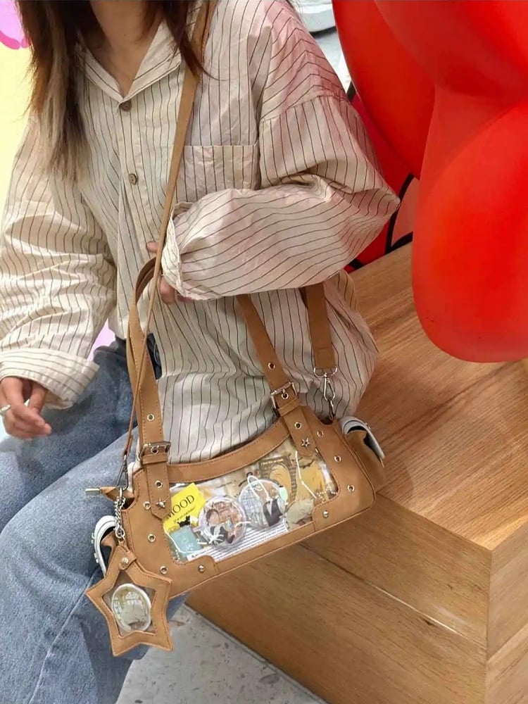 Light Brown PU Y2K Shoulder Ita Bag With Star Charm
