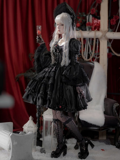 Black Layered Bell Sleeves Kuro Gothic Lolita Dress Bowknot Details and Drawstring Skirt