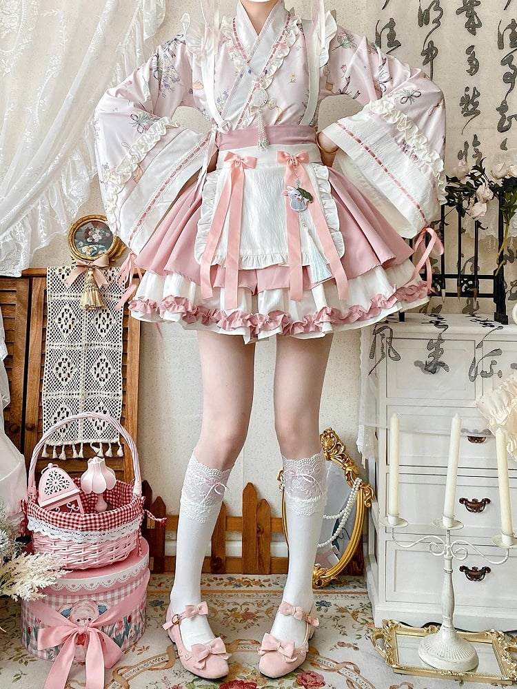 Sakura Pink Herbal Medicine Crossover Neckline Top + Skirt Han Lolita Set Cherry Blossom Festival Outfit