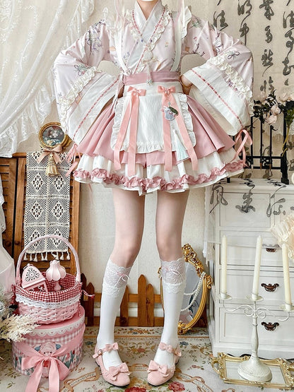 Sakura Pink Herbal Medicine Crossover Neckline Top + Skirt Han Lolita Set Cherry Blossom Festival Outfit