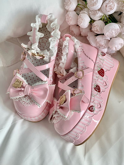 Platform Pink Mary Janes in PU - Berry Details, Lace Trim & Heart Buckles