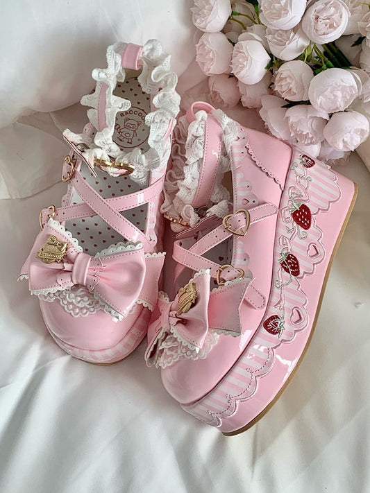 Platform Pink Mary Janes in PU - Berry Details, Lace Trim & Heart Buckles