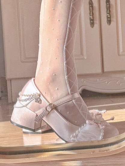 Bead and Rhinestone Details Light Pink Sweet Mary Janes with Chains