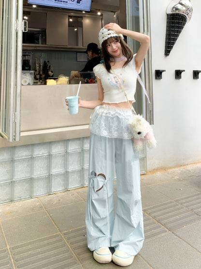 Blue/Pink Drawstring Waist Heart-shaped Cutout Wide-leg Pants