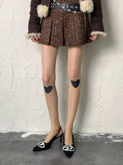 Nude/Black Heart Print Tights