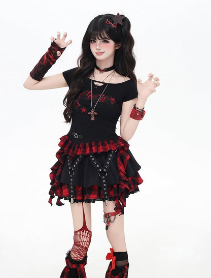 Y2K Red and Black Plaid Criss-cross Design Lace Trim Tiered Skirt