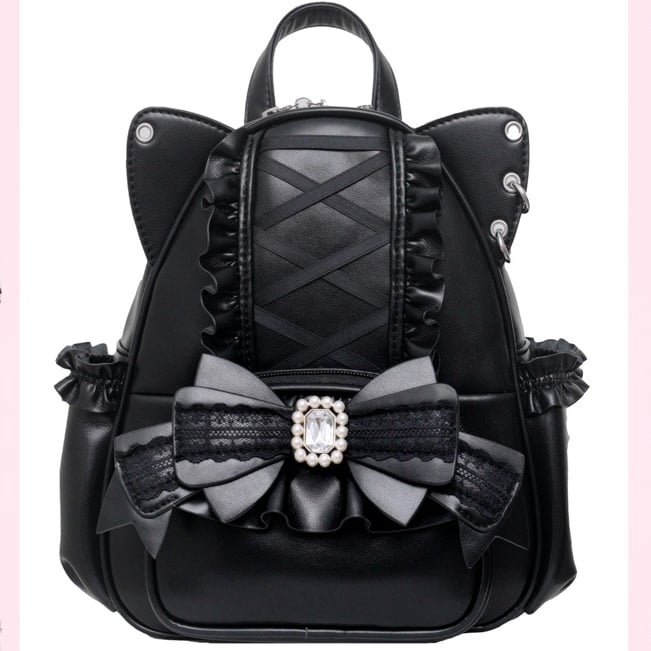 Jirai Kei Black Cat Ear Backpack With Beaded and Rhinestone Bow
