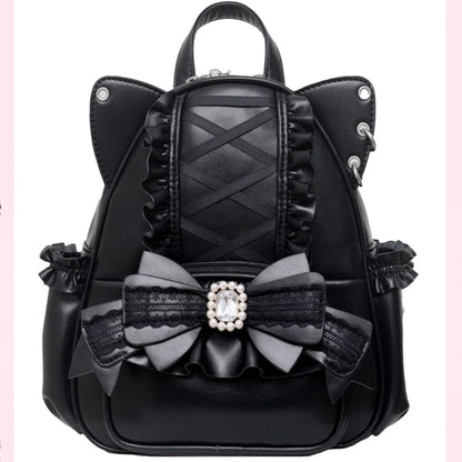 Jirai Kei Black Cat Ear Backpack With Beaded and Rhinestone Bow