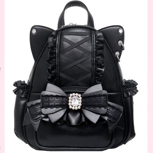 Jirai Kei Black Cat Ear Backpack With Beaded and Rhinestone Bow