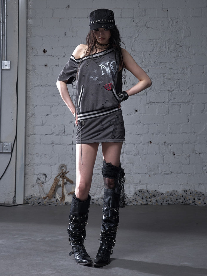 Asymmetrical Neckline Gray/White Wasteland Punk Distressed Dress with Detachable Handkerchief Hem
