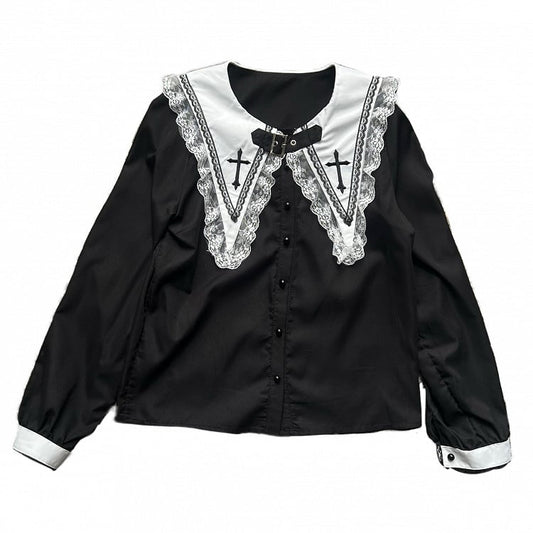 Gothic Black Long Sleeve Top with Cross Embroidered Pointed Flat Collar