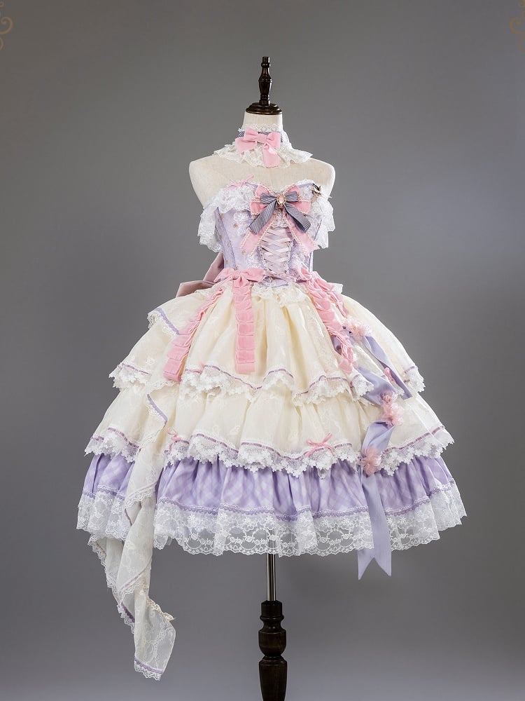 Purple and Pink Princess Hime Lolita Boned Corset Top + Tiered Skirt