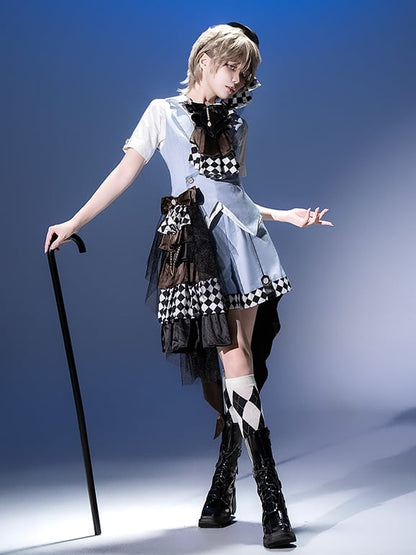 Prince Style Ouji Lolita Handkerchief Hem Light Blue Checked Pattern Shorts