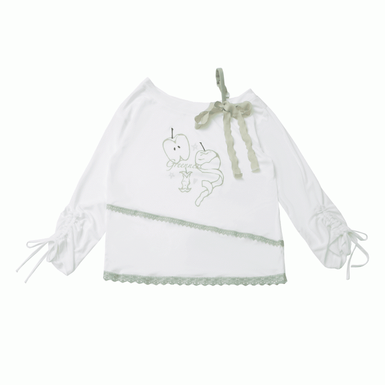Green Apple Print Drawstring Cuffs White Asymmetrical Neckline Coverup
