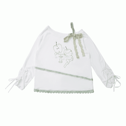 Green Apple Print Drawstring Cuffs White Asymmetrical Neckline Coverup