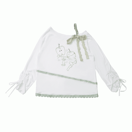 Green Apple Print Drawstring Cuffs White Asymmetrical Neckline Coverup