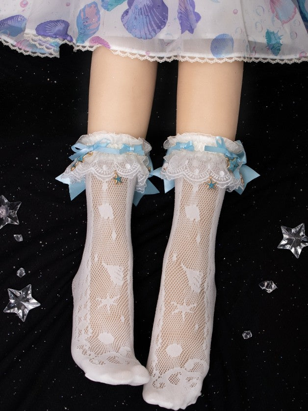White/Blue/Purple/Purple&Blue Hollow-out Calf Socks With Starfish Charm Detachable Lace Cuffs