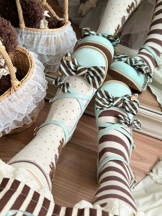 Green&Brown Striped Pattern Bow at Top Crisscross Design Heart Buckles Lolita Shoes