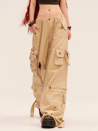 Millard Fashion Khaki Low Rise Cargo Pockets Wide-leg Pants