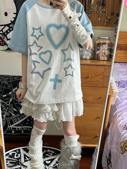 Stars and Sweethearts Print Blue and White T-shirt