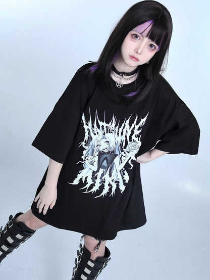 Black Jirai Kei Cartoon Girl Print Round Neck T-shirt
