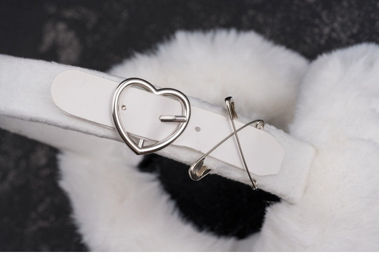 White Handmade Heart-shaped Buckle Pins Plush Earmuffs