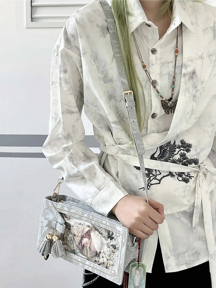 Silver PU Floral Pattern Cheongsam Style Ita Bag With Bow & Fringe Accent