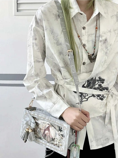 Silver PU Floral Pattern Cheongsam Style Ita Bag With Bow & Fringe Accent