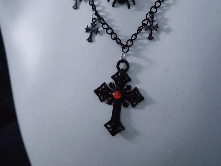 Spider and Cross Pendant Black Gothic Triple Layered Necklace