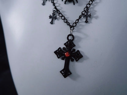 Spider and Cross Pendant Black Gothic Triple Layered Necklace