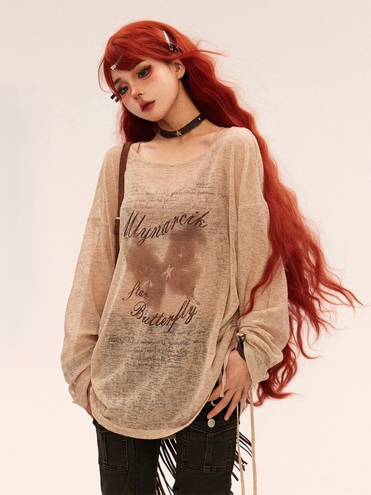 Vintage Butterfly Print Khaki Round Neck Semi-sheer Coverup