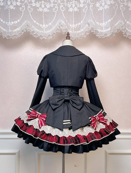 Black Juliette Sleeves Lolita Cropped Coat with White Faux Fur Collar and Cuffs