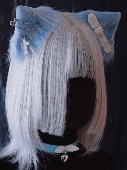 Pins and PU Buckle Blue and White Asymmetrical Kitty Ears Hairclips