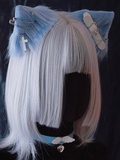 Pins and PU Buckle Blue and White Asymmetrical Kitty Ears Hairclips