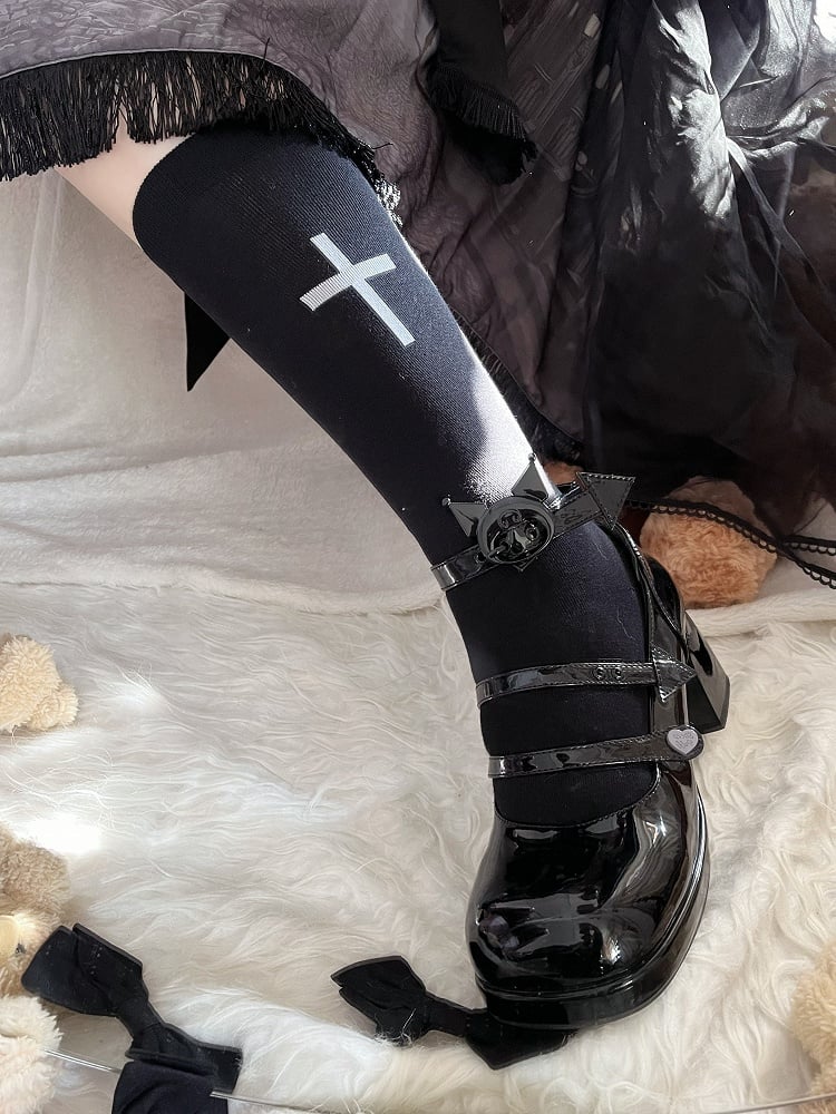 White/Black Cross Print Lolita Calf Socks
