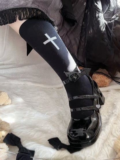 White/Black Cross Print Lolita Calf Socks