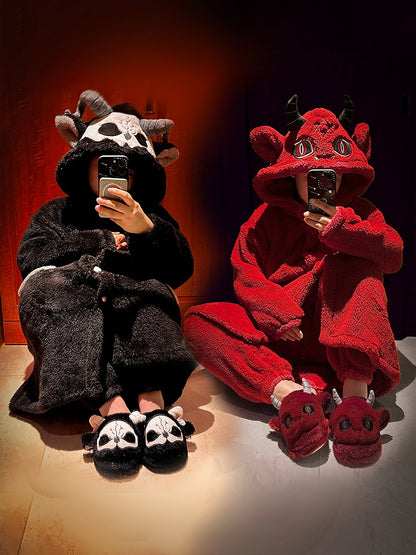 Red Devil Gothic Winter Plush Pajama Set Nightgown with Pants