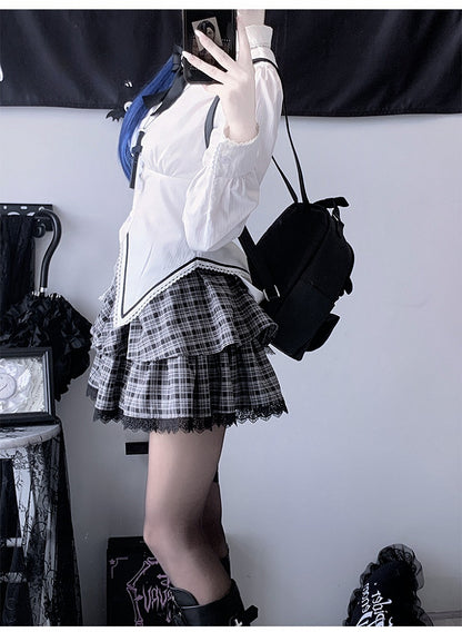 Black&White Gothic Set: White Shirt+Plaid Skirt+Pointed Flat Collar Cropped Blazer+A Bow Tie