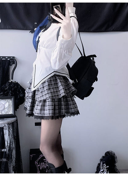 Black&White Gothic Set: White Shirt+Plaid Skirt+Pointed Flat Collar Cropped Blazer+A Bow Tie