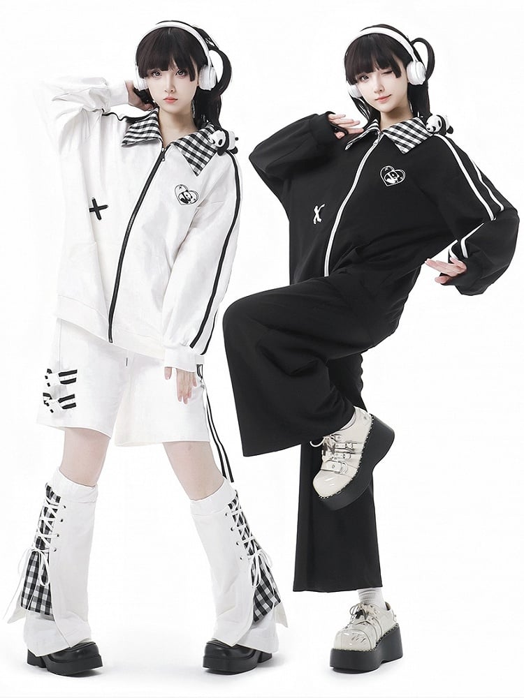 White Plaid Pattern Lace-up Details Leg Warmers