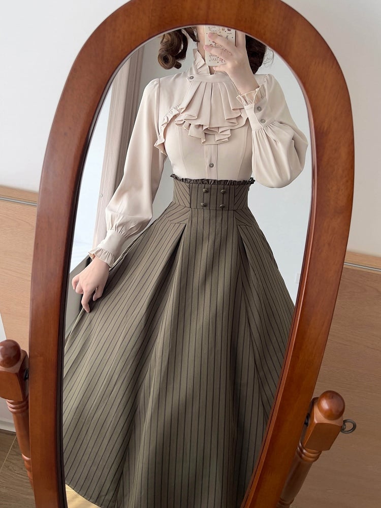 Vintage Olive Green Striped Skirt with Boned Waist and and Button Accents