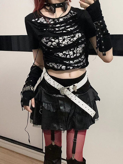 Black Skeleton Print Hollowed-out Punk T-shirt + Buckle Straps Detachable Sleeves