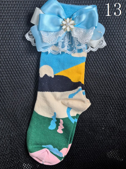 19 Options Colorful Lolita Calf Socks With Bowknot Details And Lace Cuffs