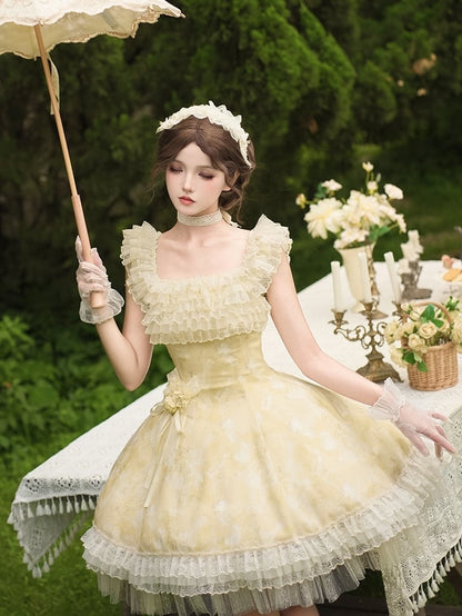 Butterfly and Floral Print Light Yellow Versatile Neckline Lolita Dress