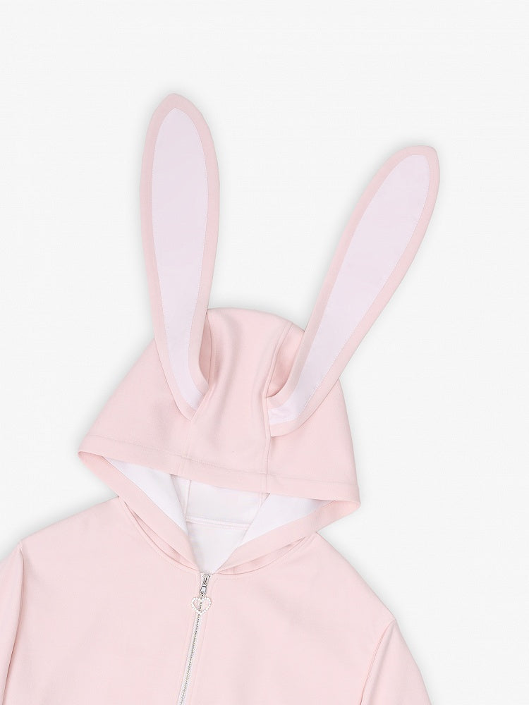 Cute Bunny Ears Design Light Pink Oversize Zip-up Hoodie