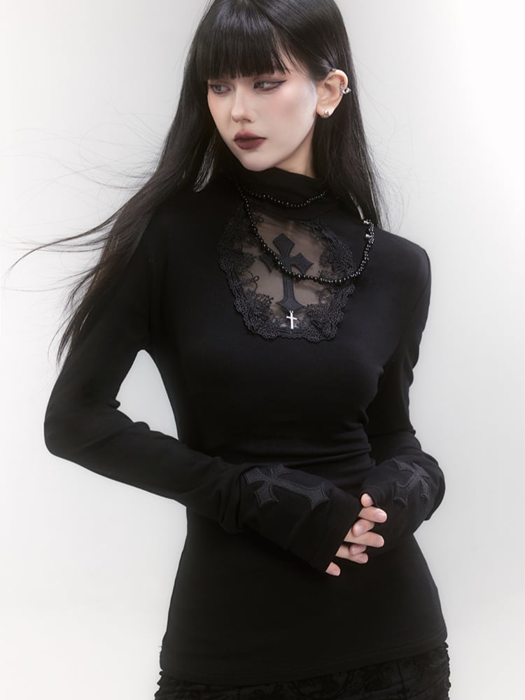 Gothic Black High Neck Cross Applique Cutout Detail Top