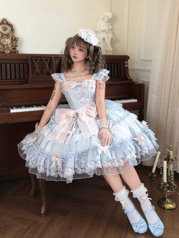 Pink Bow Accents Light Blue Natural Waist Hime Lolita Dress