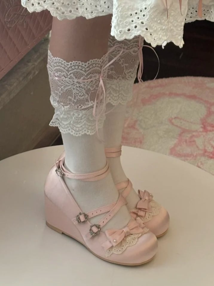 Sweet Lolita Satin Pink Wedge Heels - Bow Accents with Lace Trim & Crisscross Straps