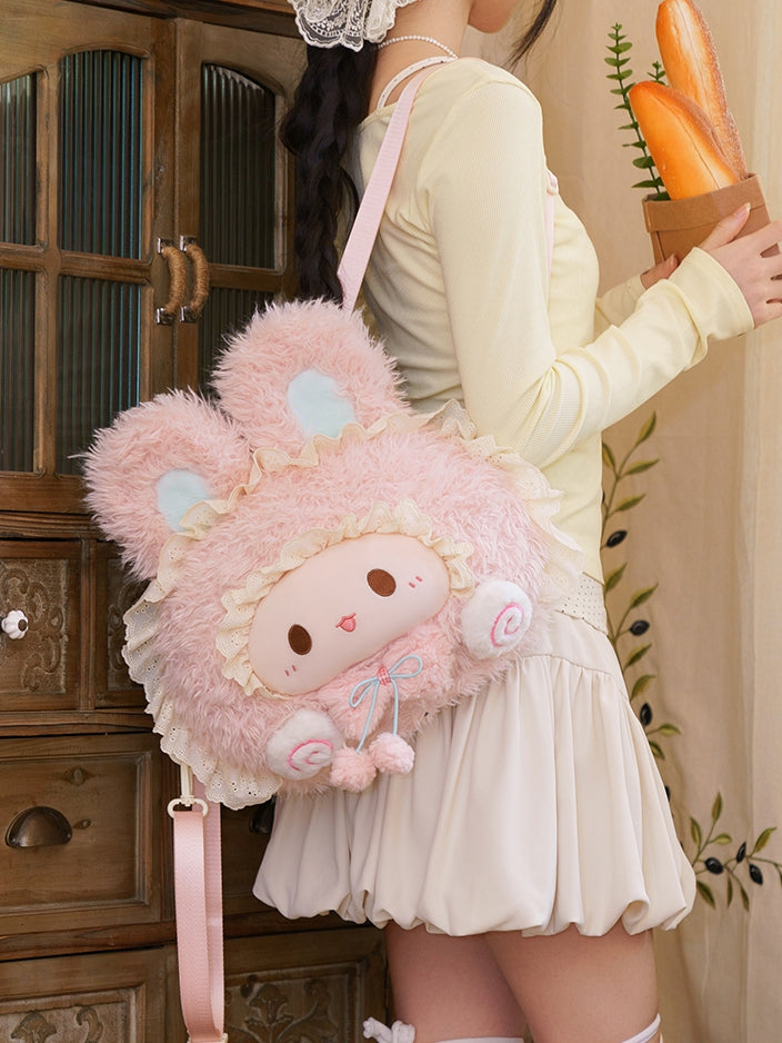 Pink Rabbit-shaped Lace Trim Plush Backpack