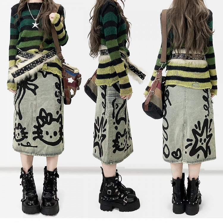 Blue Y2K Kitty And Bowknot Print Denim Skirt